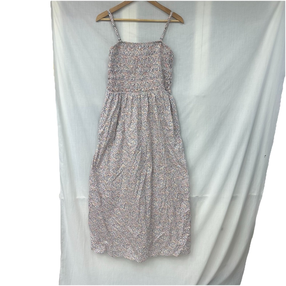 Old Navy Cami Midi Dress Sz L Floral Smocked Bodice Cottagecore Pockets Cotton
